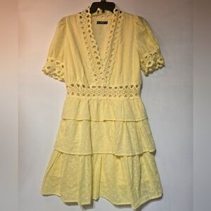 SHEIN Yellow Lace Tiered Dress. 100% Cotton Size M